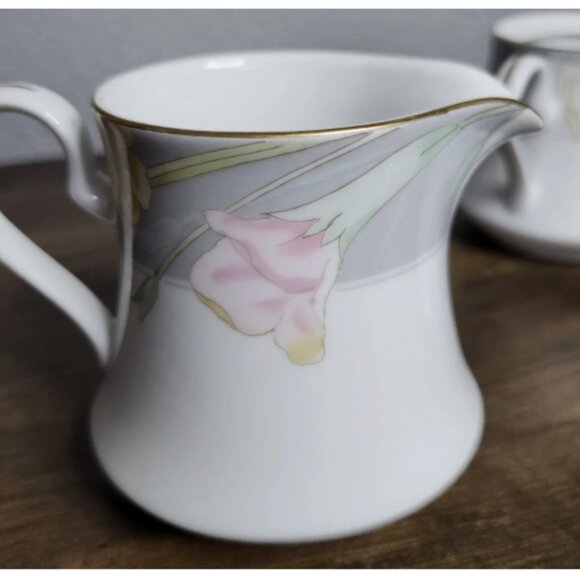 MIKASA Charisma Gray L9049 Creamer and Sugar Bowl w/Lid Floral Gold Trim Japan - Picture 9 of 14